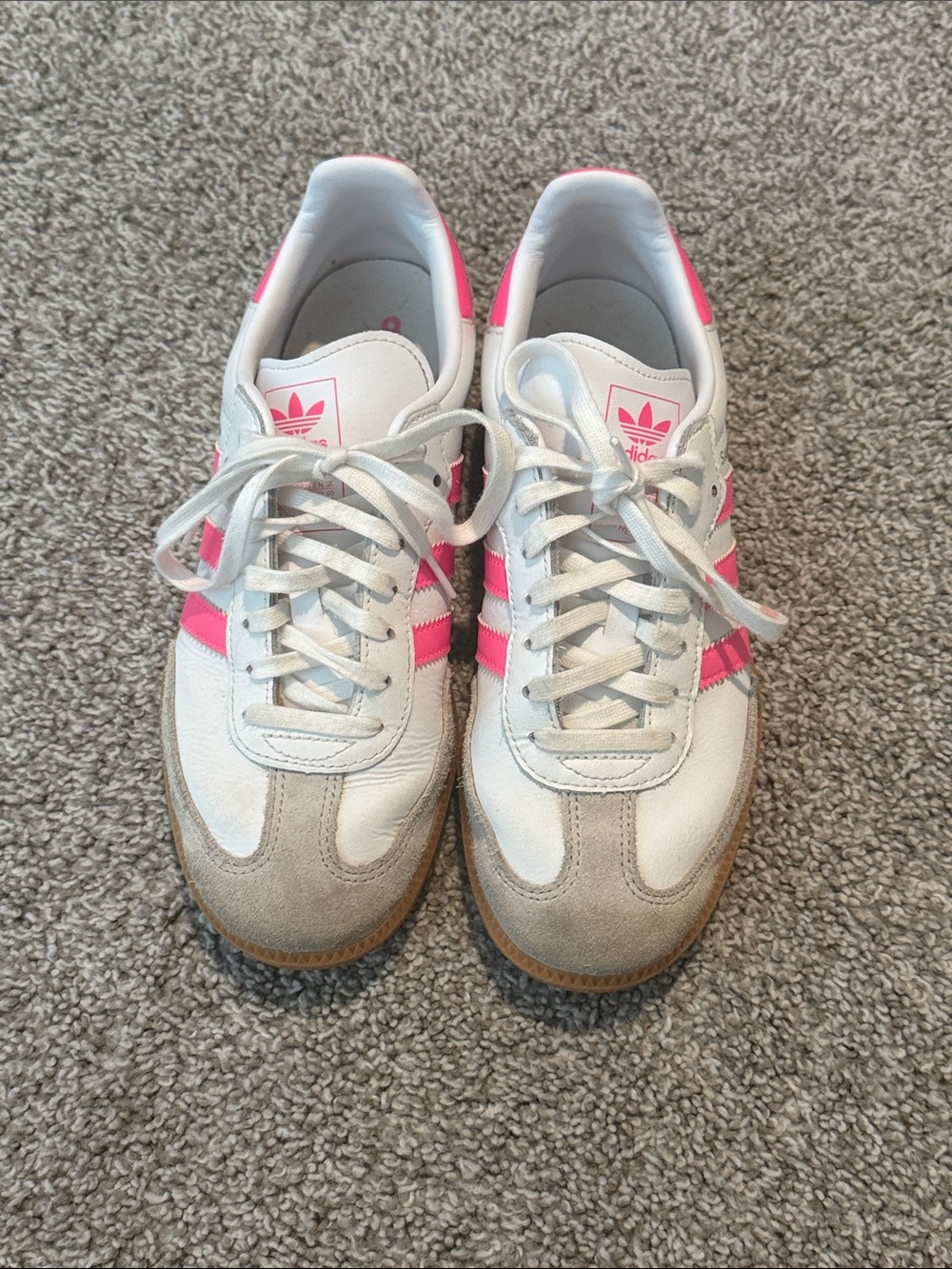 adidas White Sneakers with Pink Stripes and Gum Sole